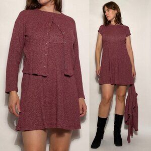 Vintage 1990s Heathered Mauve Knit Cardigan & Dress Set -- Medium